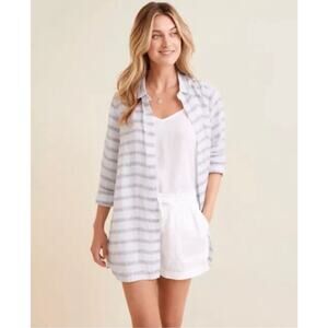 Garnet Hill Easy Linen Tunic in Salt/Sea Stripes‎ White, Size Large Petite